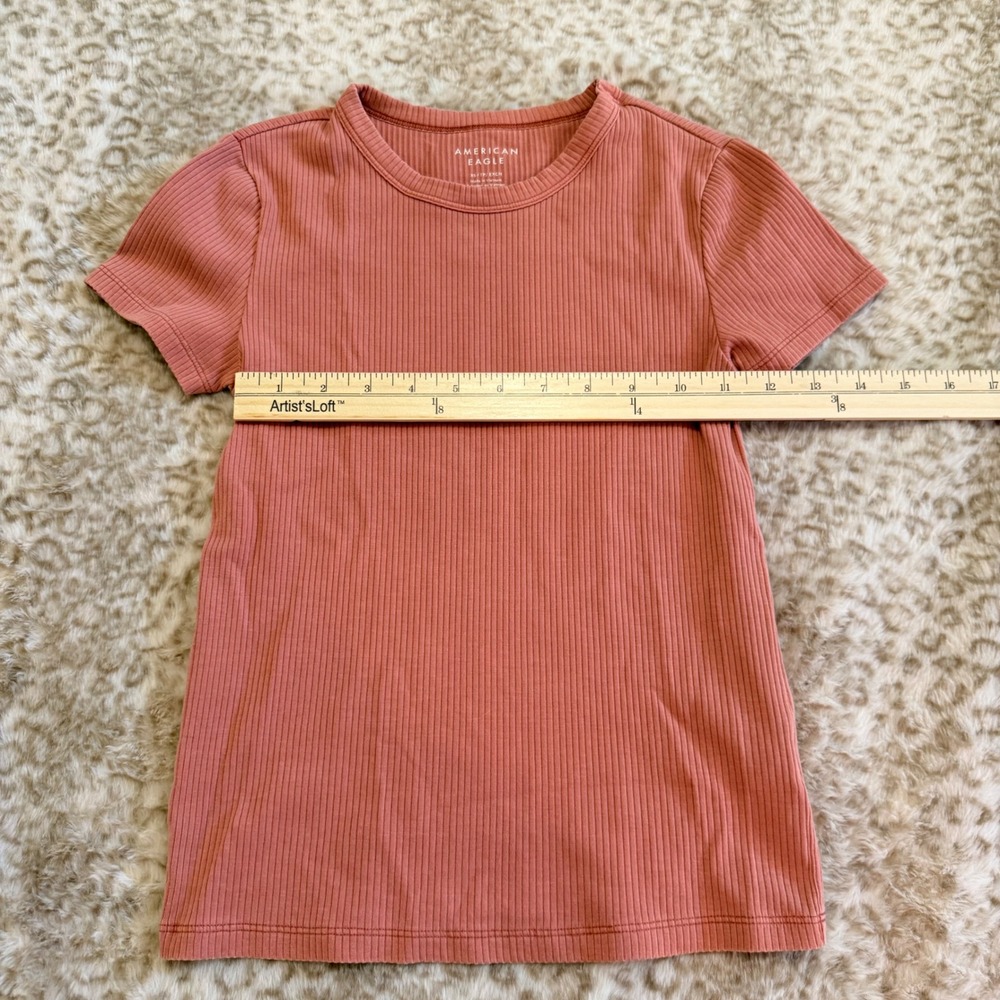 American Eagle Ribbed Short Sleeve Tee Rose Terracotta Women Size XS Slim Fit - Picture 3 of 5